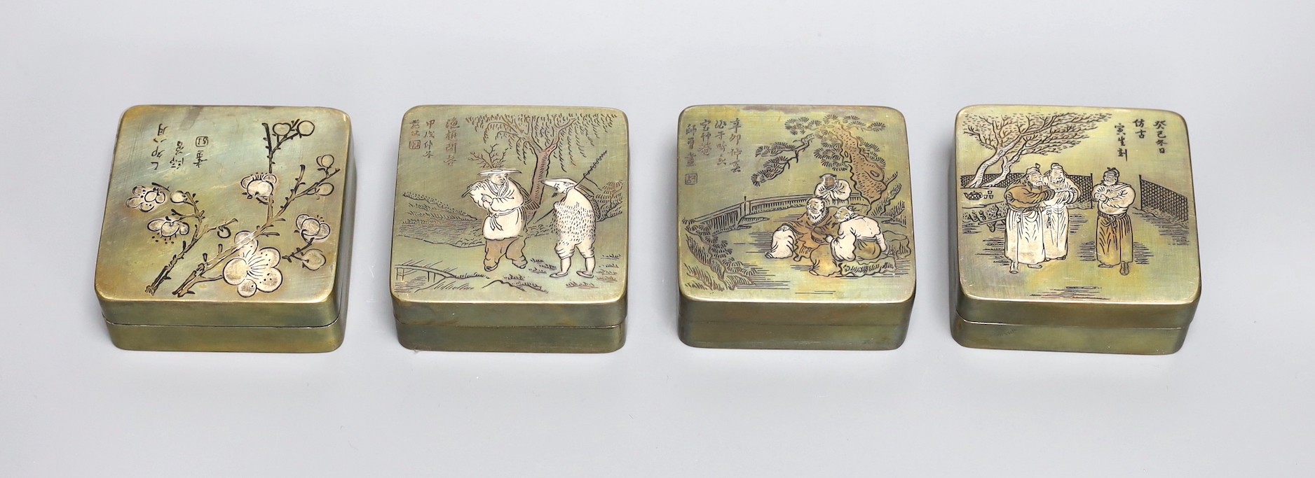Four Chinese inscribed bronze ink boxes, 7cm sq